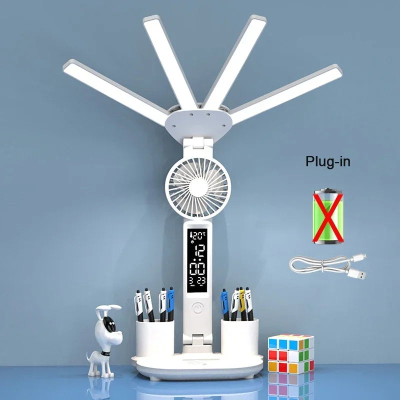 3 Color LED Table Lamp with Fan and Clock Four Headed Folding USB Charging Multifunction Desk Lamp for Reading Night Light