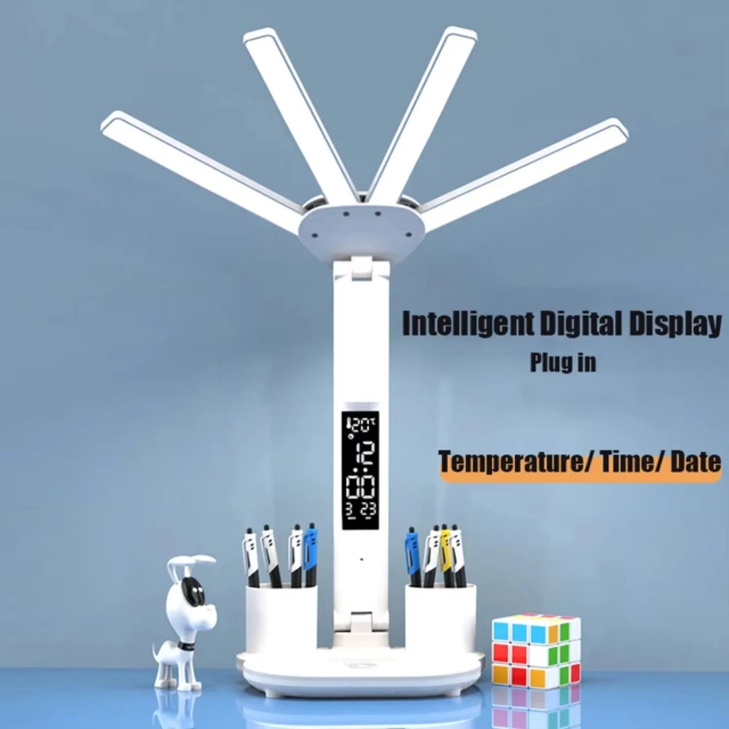 3 Color LED Table Lamp with Fan and Clock Four Headed Folding USB Charging Multifunction Desk Lamp for Reading Night Light