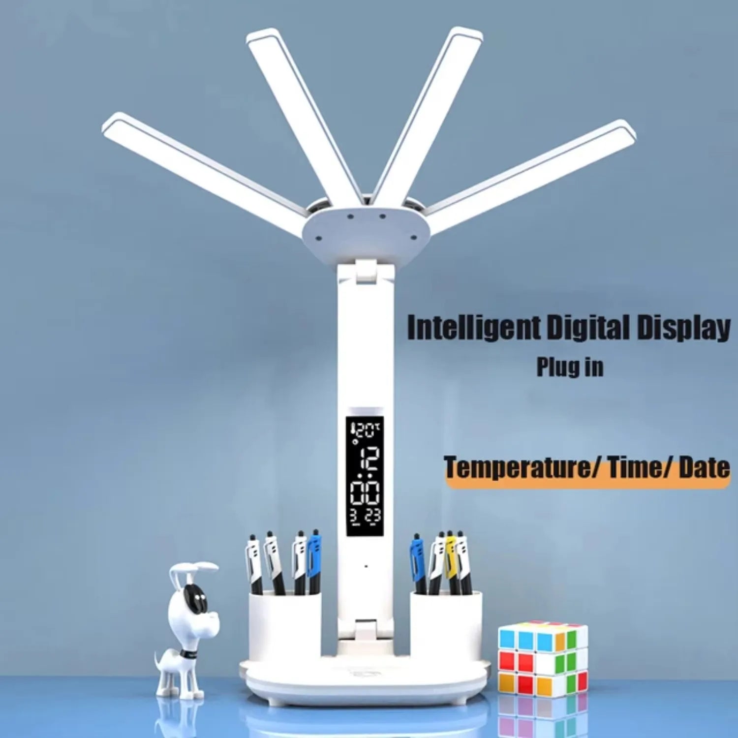 3 Color LED Table Lamp with Fan and Clock Four Headed Folding USB Charging Multifunction Desk Lamp for Reading Night Light