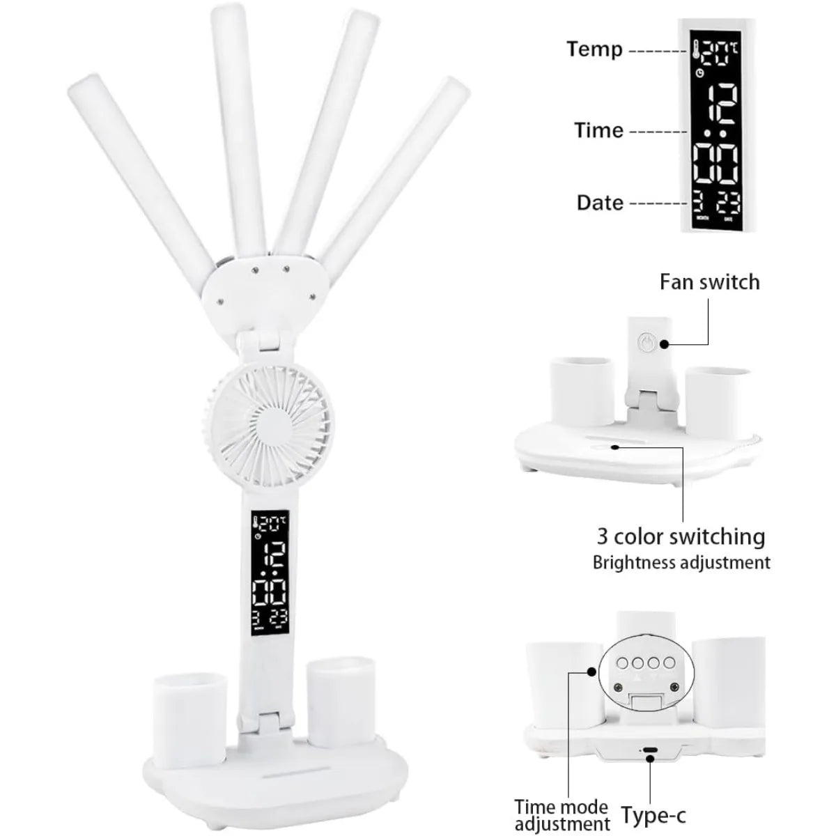 3 Color LED Table Lamp with Fan and Clock Four Headed Folding USB Charging Multifunction Desk Lamp for Reading Night Light