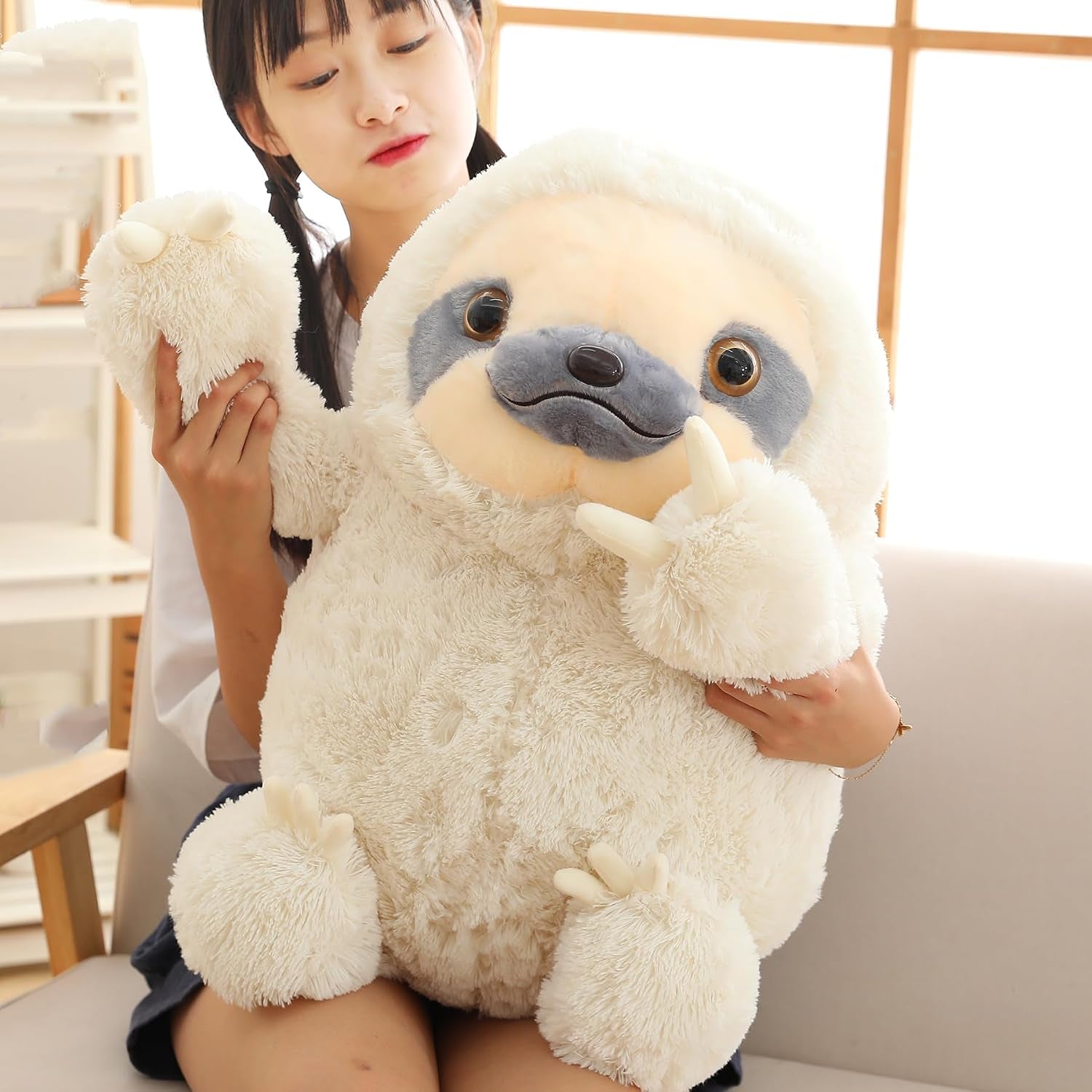 Giant Fluffy Sloth Stuffed Animal for Boys and Girls, Big Teddy Plush Toy - Ivory, 27.5 Inches
