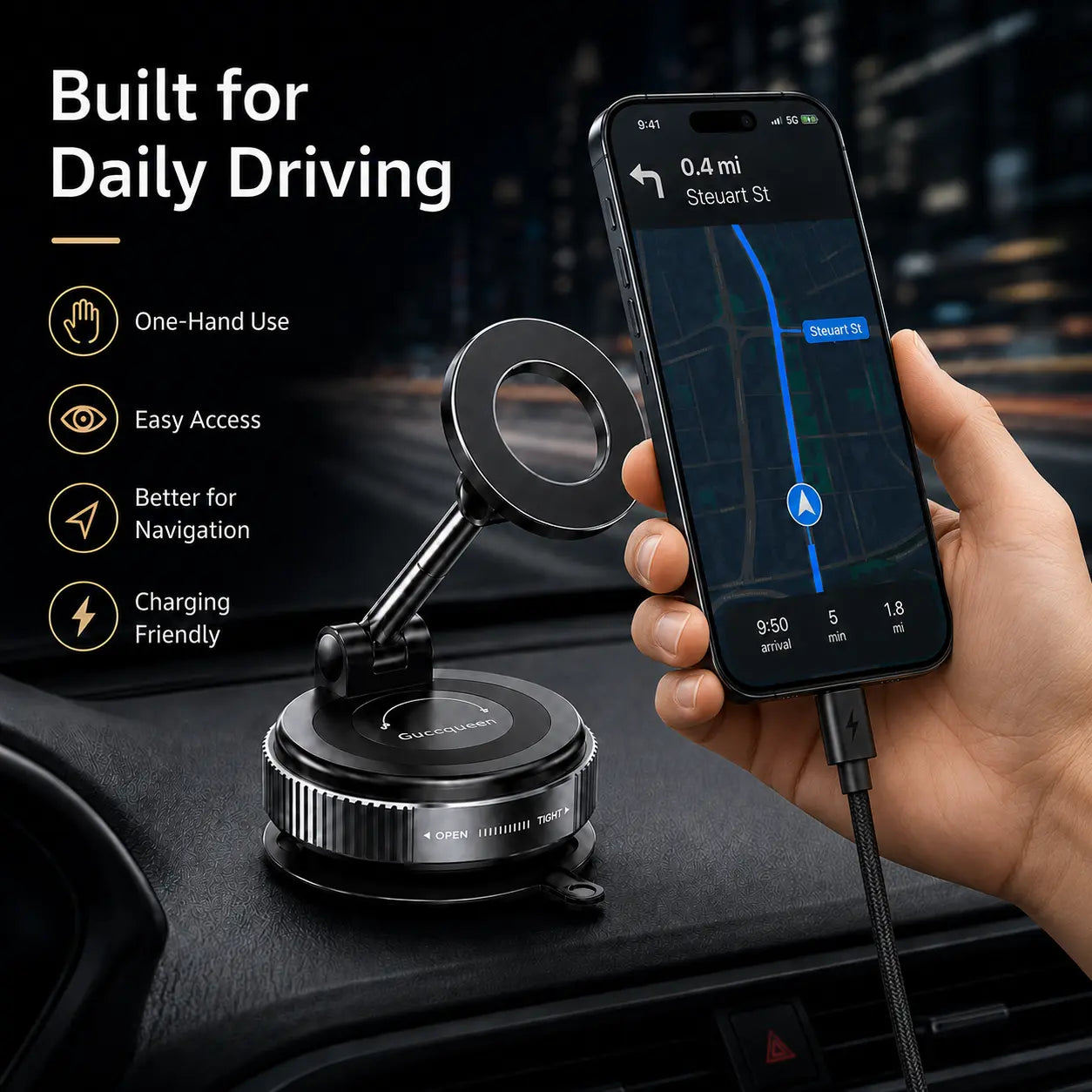【Dealsforyoudays】Guccqueen 2.0 Foldable Magnetic Car Phone Holder - 20 N52 Magnets, Vacuum Suction Cup, Heat-Resistant Nano-Adhesive Base, Auto Accessories Interior, Alt Car Accessories, for Magsafe Devices