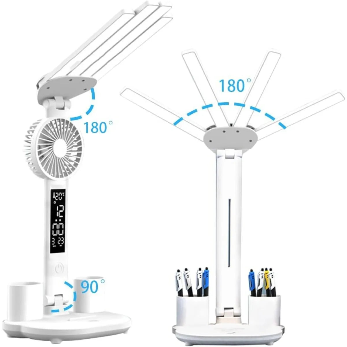 3 Color LED Table Lamp with Fan and Clock Four Headed Folding USB Charging Multifunction Desk Lamp for Reading Night Light