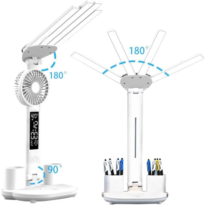 3 Color LED Table Lamp with Fan and Clock Four Headed Folding USB Charging Multifunction Desk Lamp for Reading Night Light