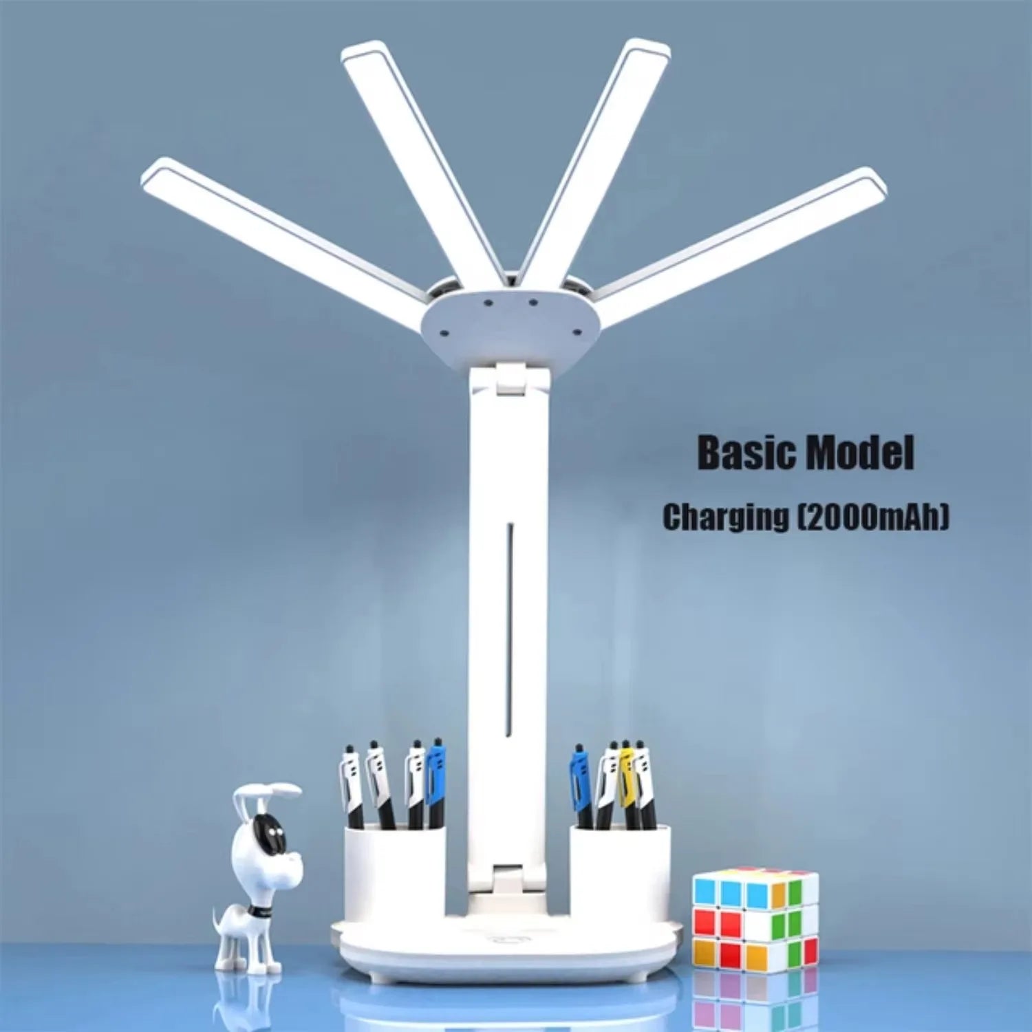 3 Color LED Table Lamp with Fan and Clock Four Headed Folding USB Charging Multifunction Desk Lamp for Reading Night Light