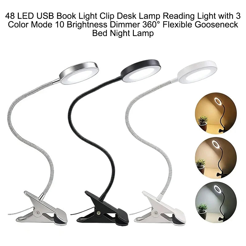 48 LED USB Book Light Clip Desk Lamp Reading Light with 3Color Mode 10 Brightness Dimmer 360° Flexible Gooseneckbed Night Lamp