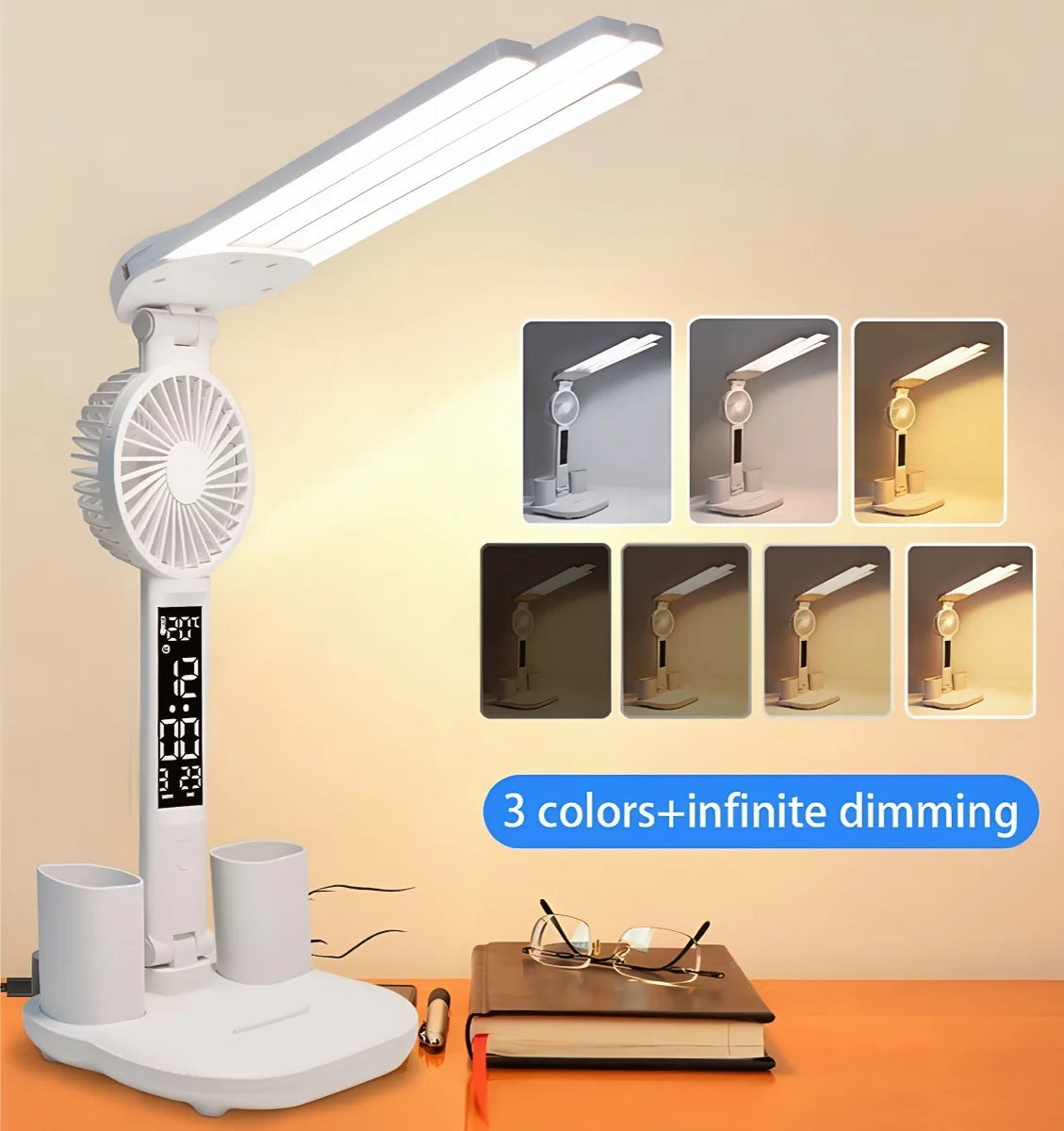 3 Color LED Table Lamp with Fan and Clock Four Headed Folding USB Charging Multifunction Desk Lamp for Reading Night Light