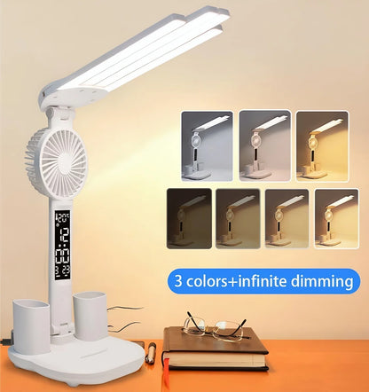 3 Color LED Table Lamp with Fan and Clock Four Headed Folding USB Charging Multifunction Desk Lamp for Reading Night Light
