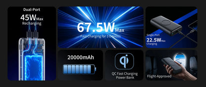 Wireless Portable Charger 20000Mah PD 22.5W Quick Charge USB C External Battery Pack 5 Ports Fast Charging Power Bank Backup Power for Iphone 16 15 14 Pro Max Samsung Galaxy S25 S24 Ultra Ipad Tablet Cell Phone