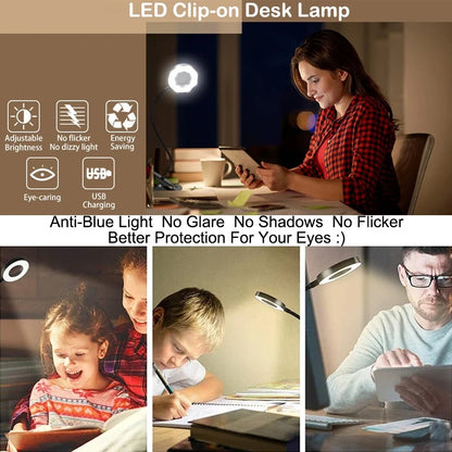48 LED USB Book Light Clip Desk Lamp Reading Light with 3Color Mode 10 Brightness Dimmer 360° Flexible Gooseneckbed Night Lamp