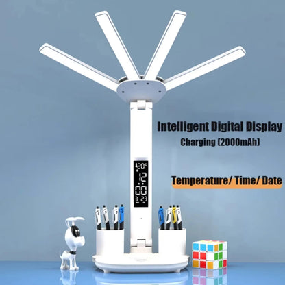 3 Color LED Table Lamp with Fan and Clock Four Headed Folding USB Charging Multifunction Desk Lamp for Reading Night Light