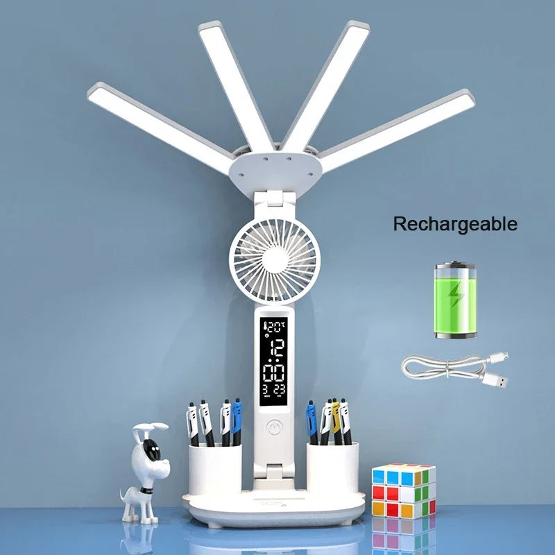 3 Color LED Table Lamp with Fan and Clock Four Headed Folding USB Charging Multifunction Desk Lamp for Reading Night Light