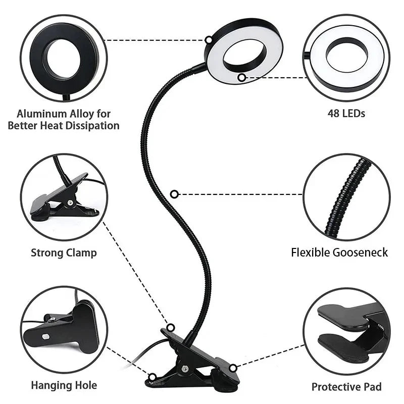 48 LED USB Book Light Clip Desk Lamp Reading Light with 3Color Mode 10 Brightness Dimmer 360° Flexible Gooseneckbed Night Lamp