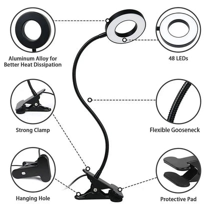 48 LED USB Book Light Clip Desk Lamp Reading Light with 3Color Mode 10 Brightness Dimmer 360° Flexible Gooseneckbed Night Lamp